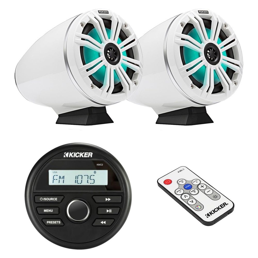 Kicker All-Weather Marine Gauge Style Bluetooth USB Digital Media Center Receiver, 6.5" 195 Watt Max Power Flat Mount White MultiColor LED Loaded Boat Tower Speakers (Pair) with LED Remote Control
