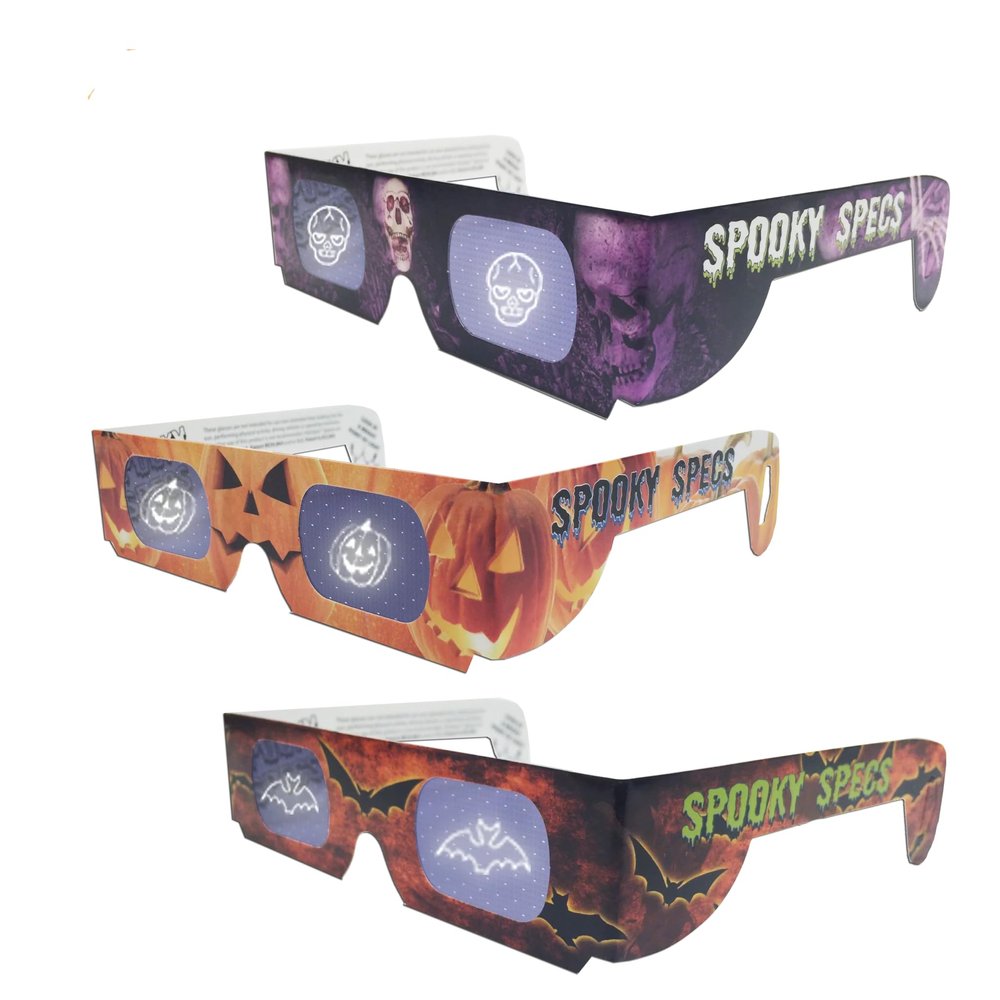 3 Halloween Glasses - Bat, Pumpkin & Skull Hologram Lenses in Paper Frames - Holiday Eyes - Holographic 3D Glasses
