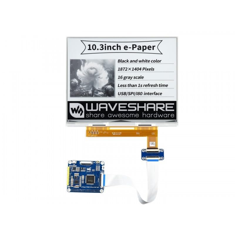 10.3inch E-Paper E-Ink Display HAT Compatible with Raspberry Pi 18721404 Resolution Black and White Color 16 Grey Scales USB/SPI / I80 Communication