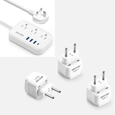 BESTEK UK & European Travel Plug Adapter, 7-IN-1 with 3 AC Outlets, 3 USB-A, 1 USB-C (PD 20W) Fast Charging, Supports Up to 7 Devices, White, Type C & G Plugs