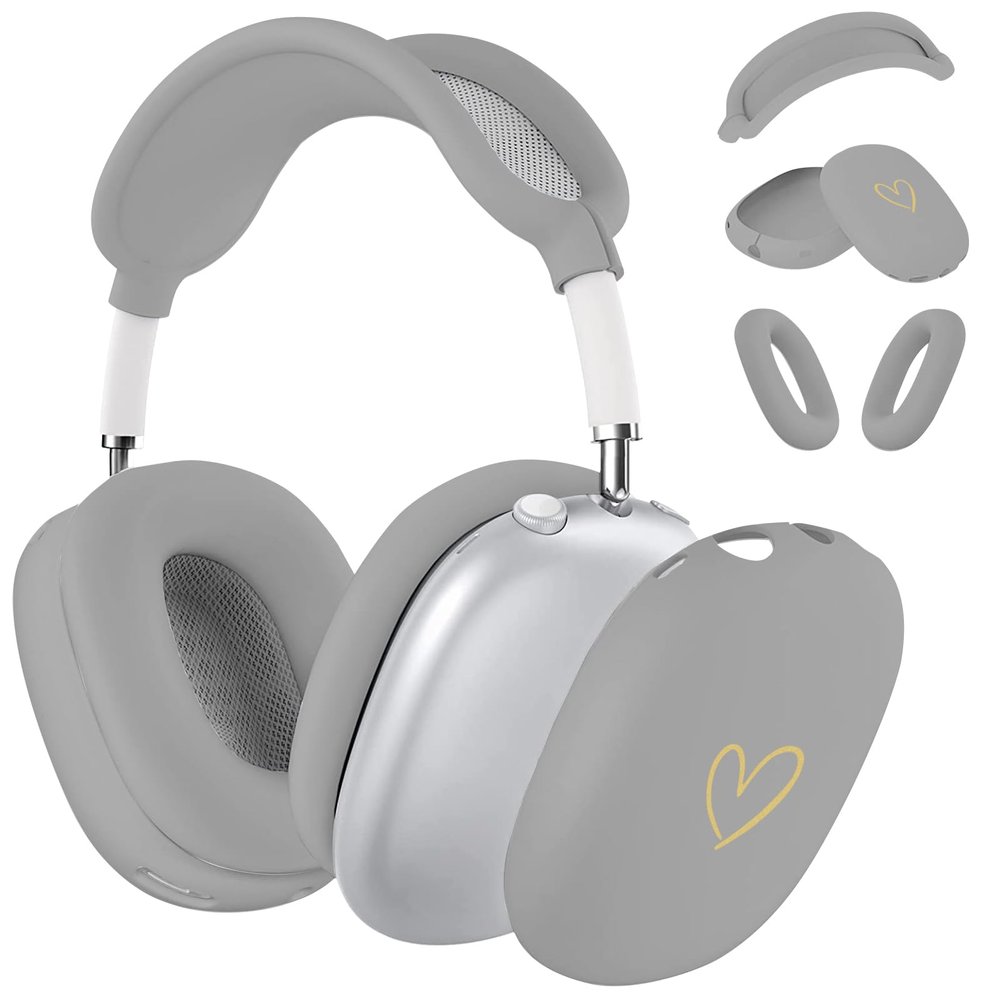 AIIEKZ Case Cover for AirPods Max, Anti-Scratch Soft Silicone with Gold Heart Pattern Ear Cups Case Cover/Ear Pad Cover/Headband Cover for Apple AirPods Max Headphones (Gray)
