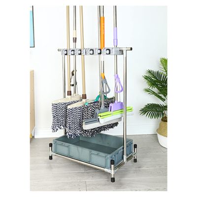 Racks Movable Broom Mop Holder,Commercial Mop Rack, Cleaning Tool Cart,Housekeeping Supplies Organizer, Garden Tool Storage,Mop Drain Rack can put wet mops,with Gray Tray,Garden Closet Garage Organize