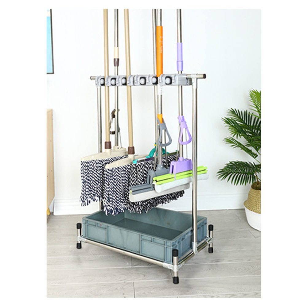 Racks Movable Broom Mop Holder,Commercial Mop Rack, Cleaning Tool Cart,Housekeeping Supplies Organizer, Garden Tool Storage,Mop Drain Rack can put wet mops,with Gray Tray,Garden Closet Garage Organize