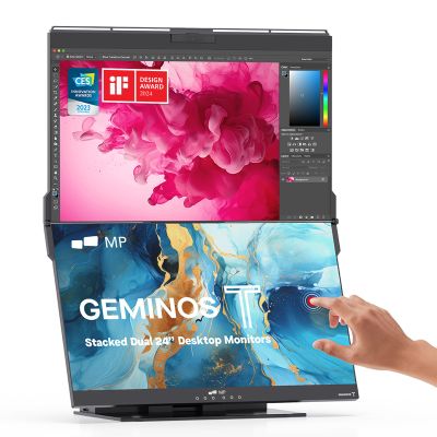Mobile Pixels Geminos T (2 x 24 inch) Dual Stacked Computer Monitor with All-inclusive Workstation, 65W USB-C Charging Touchscreen, 1080P Webcam&Speakers, USB-A/USB-C/HDMI, Ergo Design (2 Monitors)