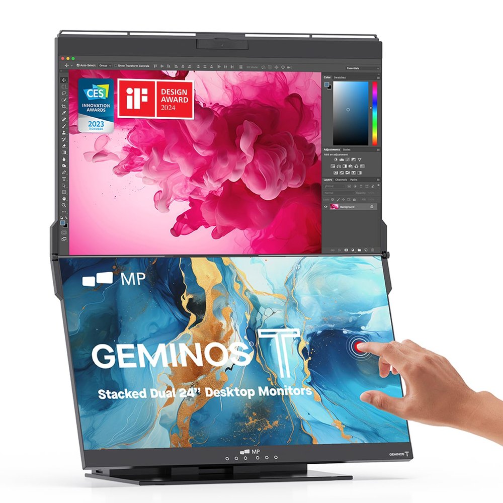 Mobile Pixels Geminos T (2 x 24 inch) Dual Stacked Computer Monitor with All-inclusive Workstation, 65W USB-C Charging Touchscreen, 1080P Webcam&Speakers, USB-A/USB-C/HDMI, Ergo Design (2 Monitors)
