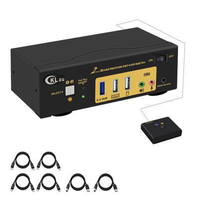 CKLau MST Displayport HDMI KVM Switch Quad Monitor, (2 DP In, 2 DP + 2 HDMI Out), 4K60Hz 2K144Hz 2 Computers 4 Monitors Switcher with Cables, Audio, Microphone and Hub Support Keyboard Mouse Switching
