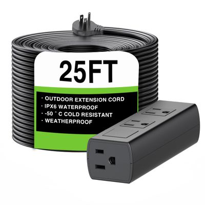 25FT Outdoor Extension Cord - Waterproof, Heavy Duty, Long, Outdoor Power Strip Surge Protector, Weather Resistant, Flame Retardant for Lawn & Garden