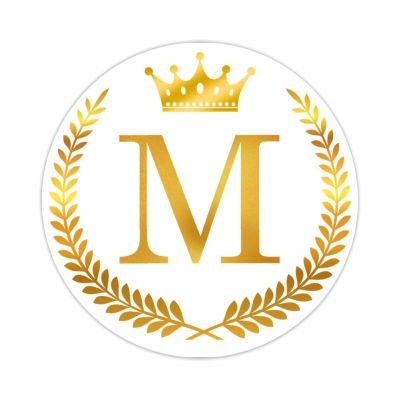 Zyadsinoudor Monogram Initial M Sticker Graphic 50 Pieces Alphabet Gold Crown Wreath Vinyl Stickers Last Name Durable Round Labels Cute Sticker Packs for Luggage Laptop Water Bottle Stickers 4inch