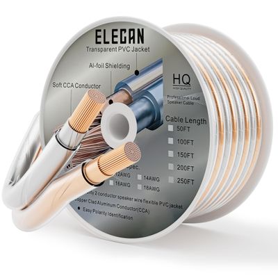 Elecan Pro Series 16/2 Speaker Wire Cable Spool 150 Ft 16 Gauge AWG-Transparent Zipper Soft Touch PVC Jacket&Al-Foli Shielding for HiFi Home Theater,Car Audio Speakers,Stereos-Gold/Silver
