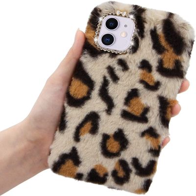 LCHDA Plush Case for iPhone 15 Pro Max 6.7", Cute Soft Bunny Furry Fluffy Fuzzy Winter Warm Faux Rabbit Fur Hair Flexible TPU Bumper Protective Cover with Bling Diamond Bowknot - Beige Leopard