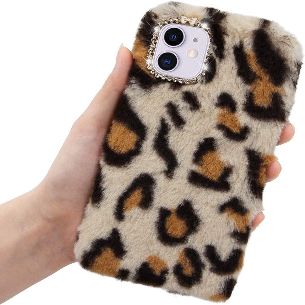 LCHDA Plush Case for iPhone 15 Pro Max 6.7", Cute Soft Bunny Furry Fluffy Fuzzy Winter Warm Faux Rabbit Fur Hair Flexible TPU Bumper Protective Cover with Bling Diamond Bowknot - Beige Leopard