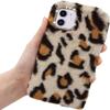 LCHDA Plush Case for iPhone 15 Pro Max 6.7", Cute Soft Bunny Furry Fluffy Fuzzy Winter Warm Faux Rabbit Fur Hair Flexible TPU Bumper Protective Cover with Bling Diamond Bowknot - Beige Leopard view 1