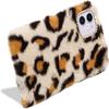 LCHDA Plush Case for iPhone 15 Pro Max 6.7", Cute Soft Bunny Furry Fluffy Fuzzy Winter Warm Faux Rabbit Fur Hair Flexible TPU Bumper Protective Cover with Bling Diamond Bowknot - Beige Leopard view 4
