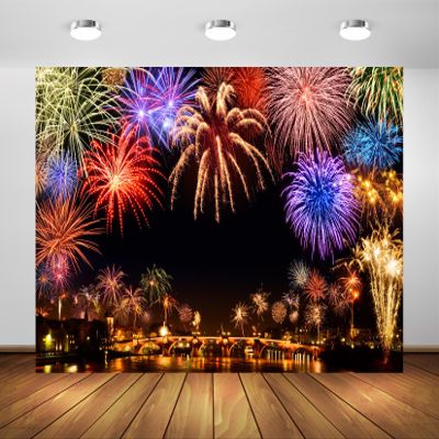 BELECO 10x8ft Fabric City Night Fireworks Backdrop Happy New Year Colorful Fireworks New Year's Eve Background Holiday Festival Celebration New Year Party Decorations Banner Photo Booth Studio Props
