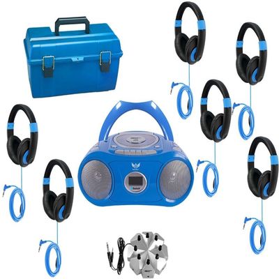 6-Station Listening Center with AudioAce Boombox, Jackbox and Smart-Trek Deluxe Headphones with Blue Accents