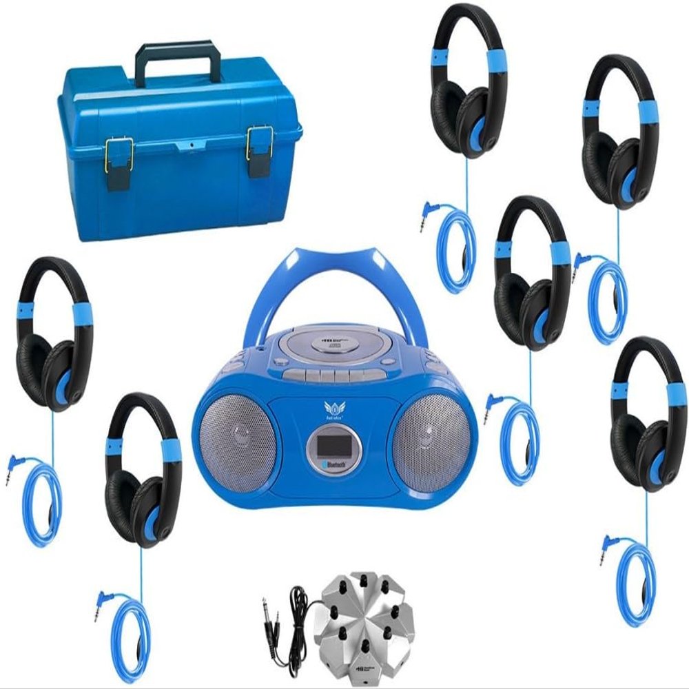 6-Station Listening Center with AudioAce Boombox, Jackbox and Smart-Trek Deluxe Headphones with Blue Accents