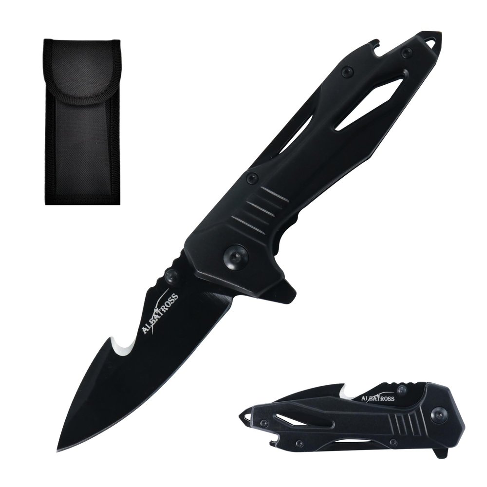 ALBATROSS Folding Pocket Knife - Multi-functional knife with Bottle Opener, Glass Breaker & Seatbelt Cutter - Outdoor Everyday Carry Knife (Black, AS-19652-BK)