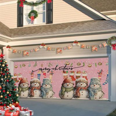 Merry Christmas Garage Door Banner Decoration 6x13 Ft, Pink Xmas Snowman Christmas Stocking Garage Door Cover Hanging Cloth Holiday Backdrop for Indoor Outdoor Wall Door House Background Decor