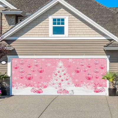 Garage Door Banner Decoration 6x13 Ft, Pink Christmas Balls Xmas Tree Winter Snowflake Garage Door Cover Hanging Cloth Holiday Backdrop for Indoor Outdoor Wall Door House Background Decor