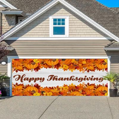 Garage Door Banner Decoration 7x16 Ft, Thanksgiving Farm Pumpkin Maple Wood Plank Garage Door Cover Hanging Cloth Holiday Backdrop for Indoor Outdoor Wall Door House Background Decor