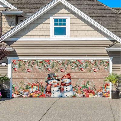 Garage Door Banner Decoration 7x16 Ft, Rustic Christmas Flower Snowman Gift Holly Wood Grain Garage Door Cover Hanging Cloth Holiday Backdrop for Indoor Outdoor Wall Door House Background Decor