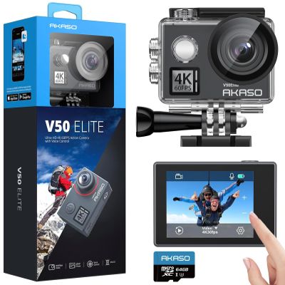 AKASO V50 Elite 4K60fps Touch Screen WiFi Action Camera Voice Control EIS 131 feet Waterproof Camera 8X Zoom Remote Control (with 64GB MicroSD Card)