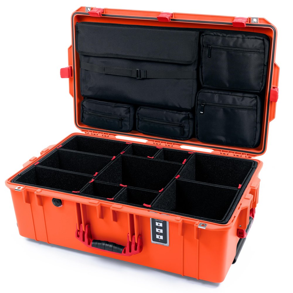 Pelican 1595 Case by ColorCase - Orange - Large Sized Waterproof Case with TrekPak Divider System & Laptop Computer Lid Pouch - Red Handles & Latches