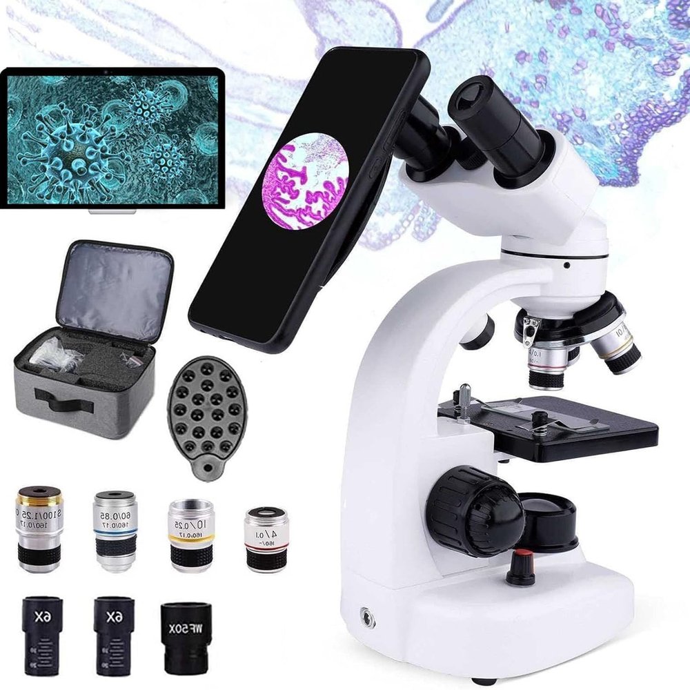 Binocular Compound Microscope,Biological Laboratory Microscope Set, with Led Illumination&Phone Holder, Observation Head: 45 Tilt 360 Optional, for Adults & Students,15000X