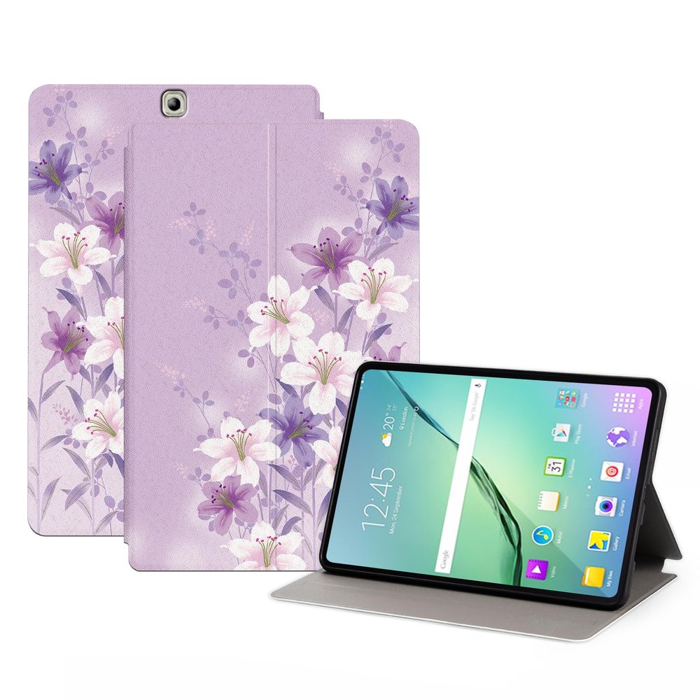 Case for Samsung Galaxy Tab S2 9.7-Inch Tablet 2015 (Model: SM-T810 / T815 / T813) for Girls Women Multi-Angle Viewing Stand Cover Smart Back Protective Cover Auto Wake/Sleep, Purple Flower