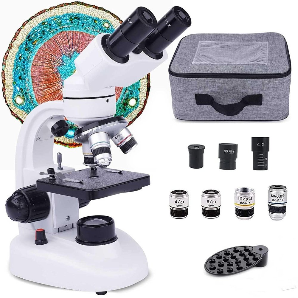 40x-10000x Binocular Compound Microscope - Microscope Slide Set/Storage Bag/Stand,for School Lab Home Education,White,6000X
