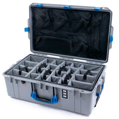 Pelican 1595 Case by ColorCase - Silver - Large Sized Waterproof Case with Grey Padded Dividers & Mesh Lid Organizer - Blue Handles & Latches