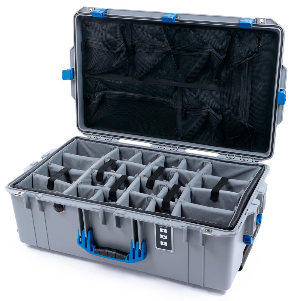 Pelican 1595 Case by ColorCase - Silver - Large Sized Waterproof Case with Grey Padded Dividers & Mesh Lid Organizer - Blue Handles & Latches