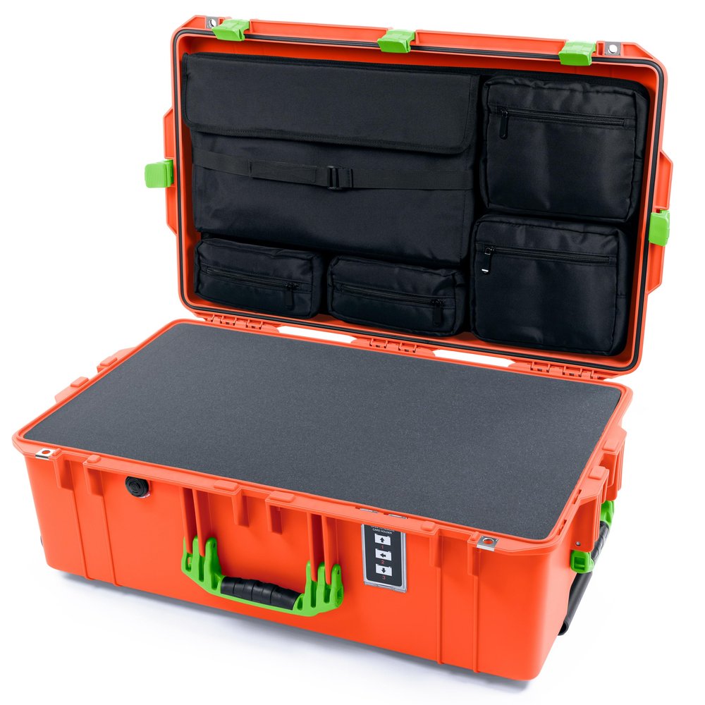 Pelican 1595 Case by ColorCase - Orange - Large Sized Waterproof Case with Pick & Pluck Foam & Laptop Computer Lid Pouch - Lime Green Handles & Latches