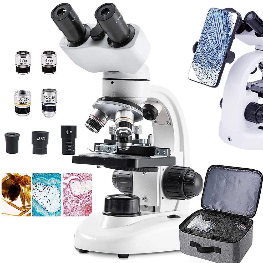 Compound Binocular Microscope, with WF10x&WF50x Eyepieces, 40X-2000X Magnification, LED Illumination Two-Layer Mechanical Stage, Phone Holder, for Aldults Beginners Students Gifts,10000X