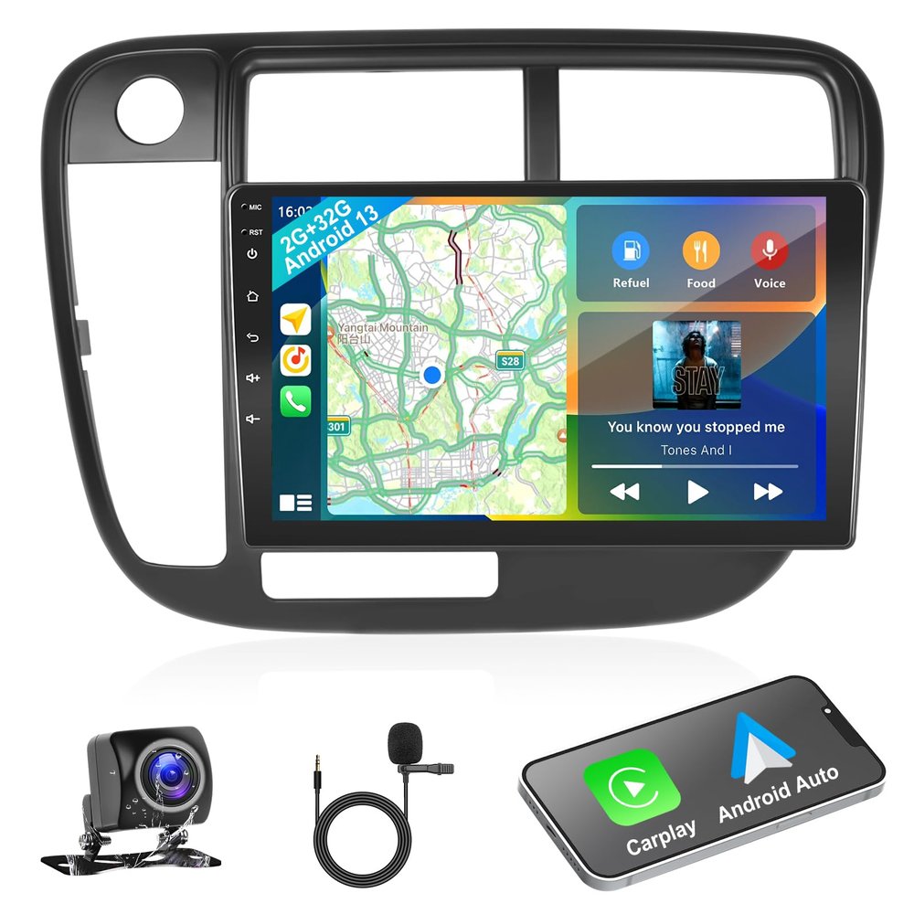 Podofo 2G+32G 2 Din Car Stereo for Honda Civic 1996-2001 with Wireless Carplay Android Auto,9 Inch Android 13 Car Radio Tourchscreen Support GPS/Mirror Link/SWC/FM&RDS Radio+AHD Backup Camera+Micphone