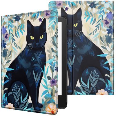 CGFGHHUY for Kindle Paperwhite Case 6 inch 10th Generation 2018 Lightweight Protective Smart Stand Cover with Auto Wake Sleep Case for Kindle Paperwhite E-Reader - Black Cat Floral Leaf