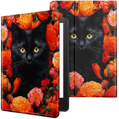 CGFGHHUY Case for 6.8 inch Kindle Paperwhite 11th Generation 2021/Kindle Paperwhite Signature Edition Lightweight Protective Smart Stand Cover with Auto Wake Sleep - Red Floral Flower Black Cat