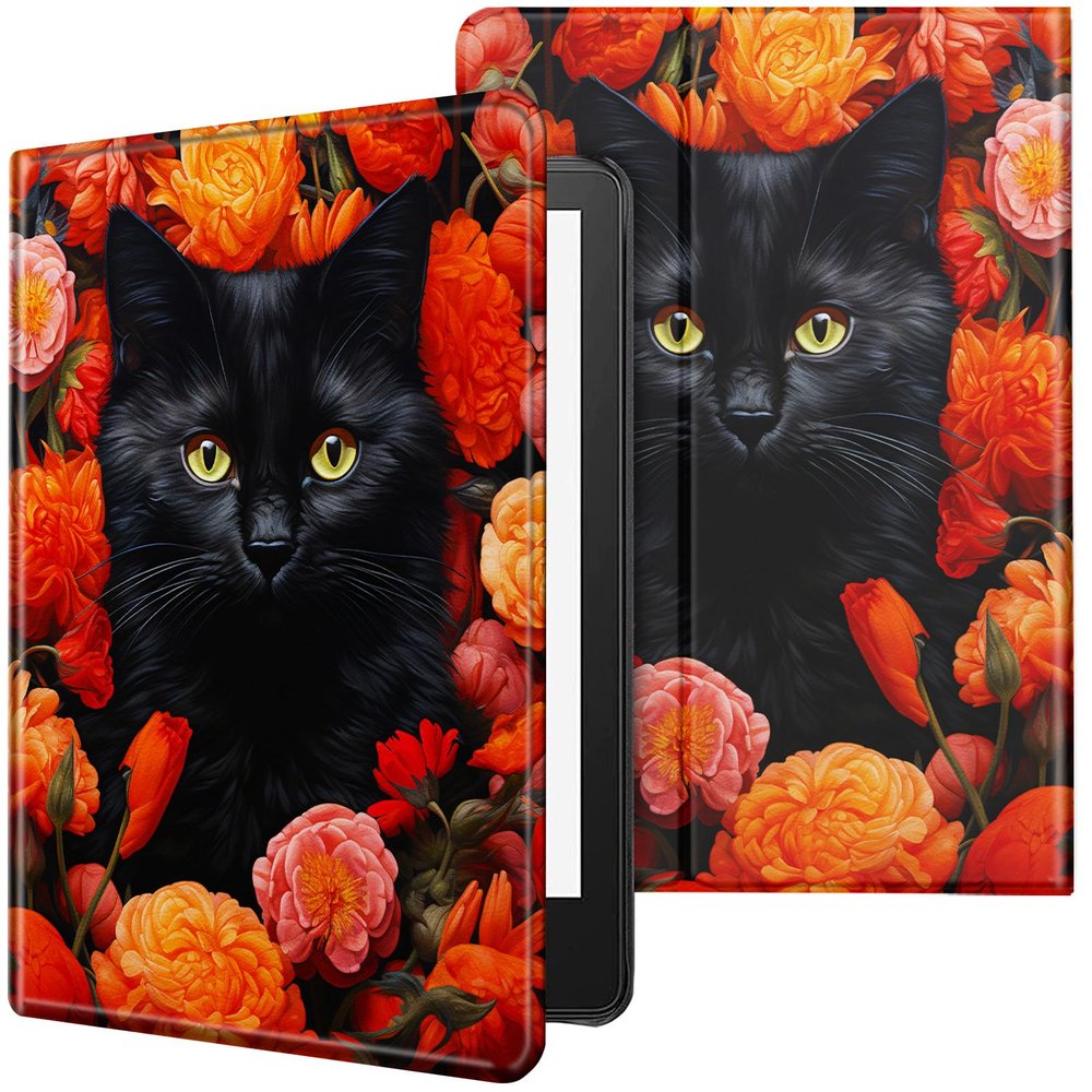 CGFGHHUY Case for 6.8 inch Kindle Paperwhite 11th Generation 2021/Kindle Paperwhite Signature Edition Lightweight Protective Smart Stand Cover with Auto Wake Sleep - Red Floral Flower Black Cat