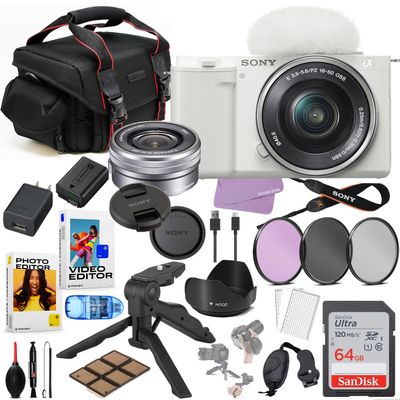 Sony ZV-E10 Mirrorless Camera with 16-50mm Lens (White) Bundle + Commander Optics Accessories Package Including Filters, Case, 64GB Memory, Movavi Software Package & More (Renewed)