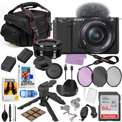 Sony ZV-E10 Mirrorless Camera with 16-50mm Lens (Black) Bundle + Commander Optics Accessories Package Including Filters, Case, 64GB Memory, Movavi Software Package & More (Renewed)