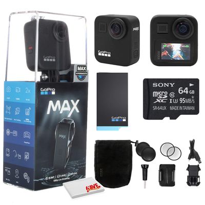GoPro MAX 360 Waterproof Action Camera - Camera W/Touch Screen - Spherical 5.6K30 HD Video - 16.6MP 360 Photos - 1080p Live Streaming Stabilization - Cleaning Set + 64GB Memory Card and More.
