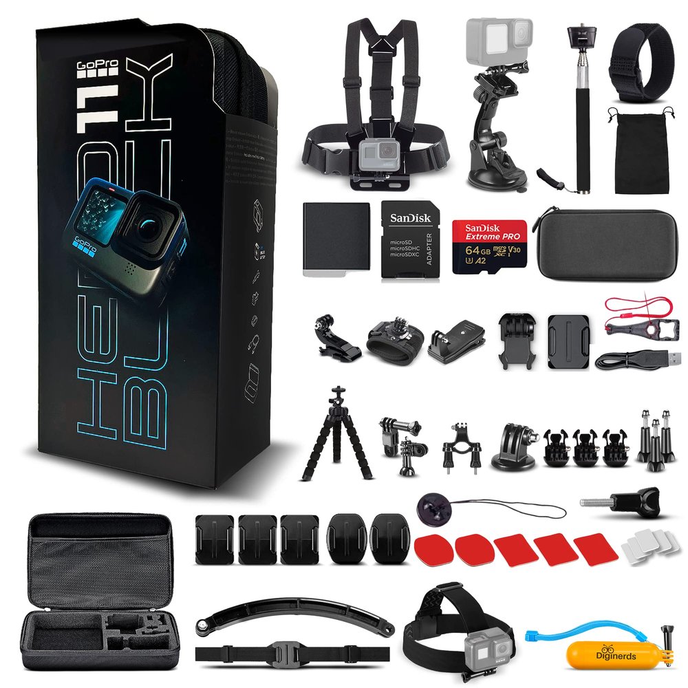 GoPro HERO11 (Go Pro HERO11) Black - Waterproof Action Camera with 5.3K Ultra HD Video, 27MP Photos, 1/1.9" Sensor, Live Streaming, Webcam, Stabilization + 64GB Card & 50 Piece Accessory Kit