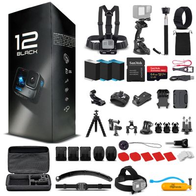 GoPro HERO12 (Hero 12) Black - with 50 Piece Accessory Kit and 2 Extra Batteries + 64GB Card - Waterproof Action Camera - 5.3K HDR, 27MP Photos, 1/1.9" Sensor, Live Streaming, Webcam, Stabilization