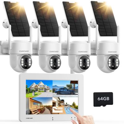 Camcamp Solar Security Cameras Wireless Outdoor, Home Security Camera System with 7" Touchscreen Monitor, Solar-Powered 4MP 4 Cam-Kit, Color Night Vision, 360 View, Pan & Tilt, 2 Way Audio