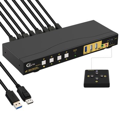 CKLau 4K60Hz 2K@144Hz MST KVM Switch Displayport with All Input Cables, Audio, Microphone, and USB 3.0 Hub for 4 Computers 2 Monitors Share Keyboard Mouse, MST 1 DP in 2 DP Out