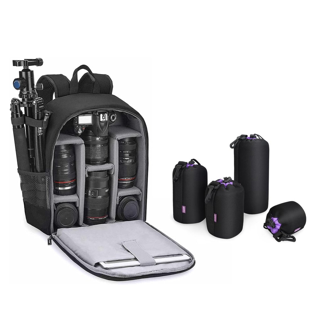 CADeN Camera Backpack, Camera Lens Bag Set 4 Pack Neoprene Lens Case Compatible with Sony Canon Nikon Camera Case
