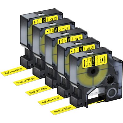 KCMYTONER 5 Pack Compatible for Dymo Rhino Pro IND Flexible Nylon Label Tape 18490 1/2" 12mm Black on Yellow Label for Rhino and 3M Label Maker Tape