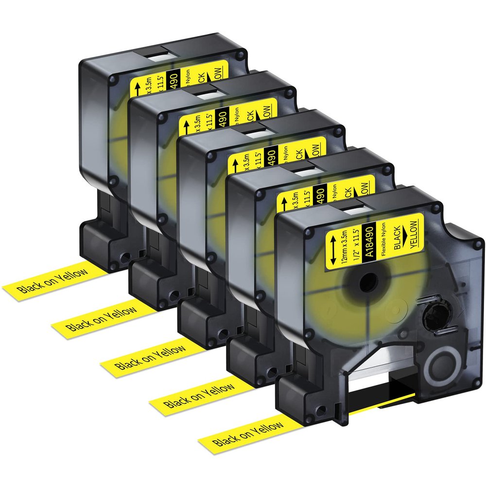 KCMYTONER 5 Pack Compatible for Dymo Rhino Pro IND Flexible Nylon Label Tape 18490 1/2" 12mm Black on Yellow Label for Rhino and 3M Label Maker Tape