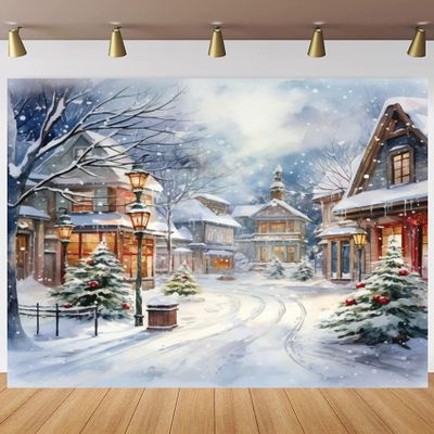 Yeele 12x8ft Winter Christmas Town Backdrop Watercolor European Town Streets Snow Scene Photography Background Outdoor Landscape Vinyl Wallpaper Kids Adults Artistic Portrait Photo Props