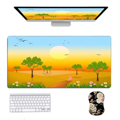Mouse Pads Large Gaming Mouse Pad Trees Flowers Sunset Scenery Custom Desk Pad,with Cute Mouse Mat,Portable Desk Mat for Office,Computer Work,Game,NO-RGB+Wrist Rest,S(11.8"X23.6")